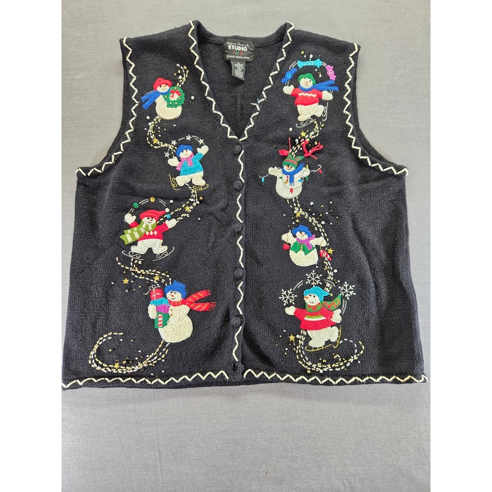 Designers Originals Studio Joy Vintage Christmas Snowman Sweater Vest XL Black